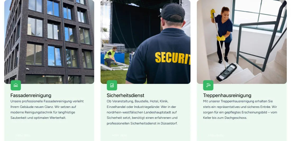 Ausschnitt der Website von Experts Gebäudereinigung, Düsseldorf: Einheitliche Karten für drei weitere Leistungen — die Wiederholung erleichtert das Scannen und verringert den Suchaufwand.