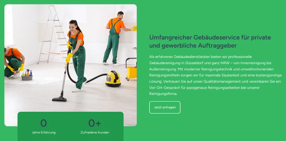 Ausschnitt der Website von Experts Gebäudereinigung, Düsseldorf: Überschrift, kurzer Nutzen-Text und ein klarer Button rechts — mit Bild links und zwei Kennzahlen entsteht ein eindeutiger Startpunkt.