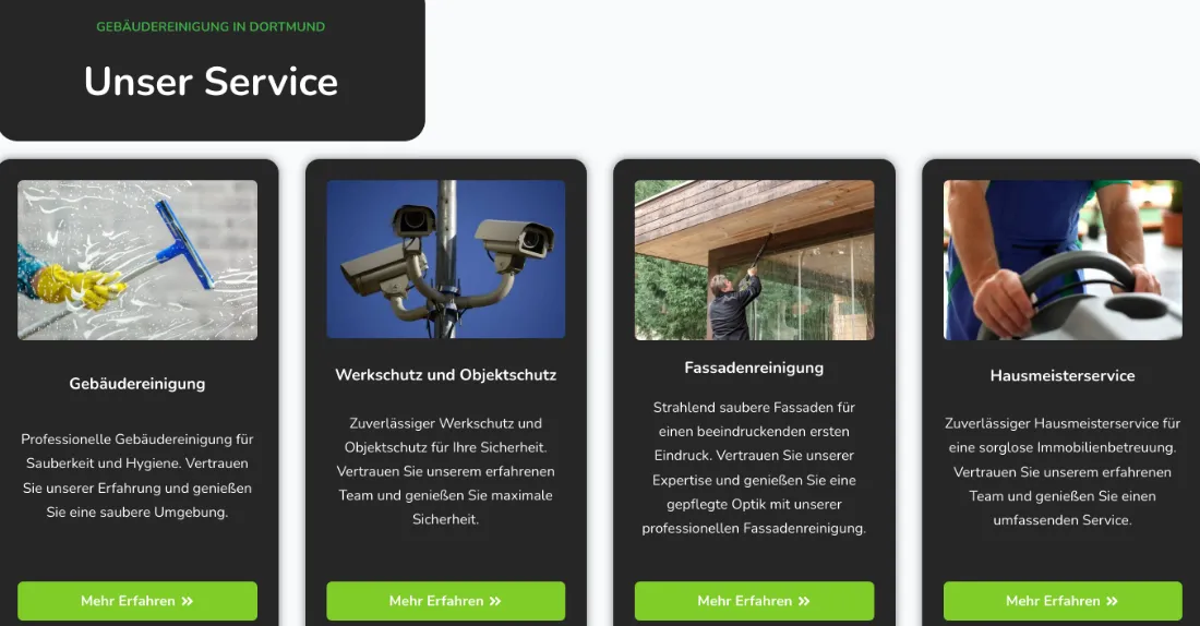 Ausschnitt der Website von GreenCare Facility Services, Dortmund: Vier Service-Kacheln mit Titeln und grünen Buttons — wer sucht, erkennt Leistungen sofort und findet den nächsten Klick.