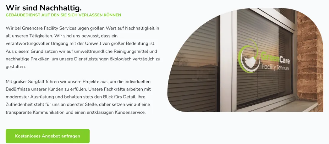Ausschnitt der Website von GreenCare Facility Services, Dortmund: Überschrift „Wir sind Nachhaltig“ mit Begründung und grünem Button — wer prüfen will, findet Argumente und kann sofort anfragen.