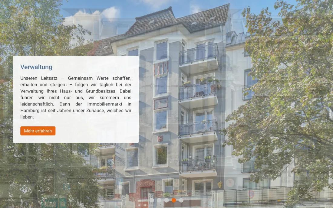 Ausschnitt der Website von Groth & Schneider KG, Hamburg: Leistung klar benannt und knapp erklärt — wer Verwaltung sucht, prüft Relevanz ohne Scrollen und kann mit einem Klick vertiefen.