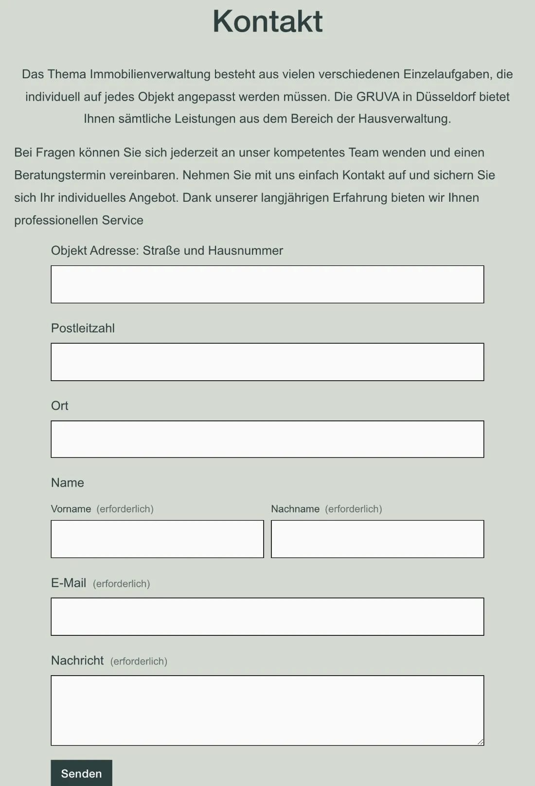 Ausschnitt der Website von GRUVA Grundverwaltung GmbH, Düsseldorf: Sieben Felder mit klaren Pflichtangaben und Objektadresse — wer anfragt, liefert alle Basisdaten, Rückfragen entfallen.