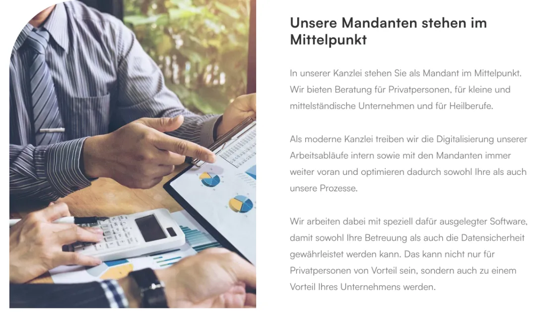 Ausschnitt der Website von Frank Guhl & Kollegen Steuerberater, Hannover: Zielgruppen und Vorgehen klar benannt — wer privat, KMU oder Heilberuf sucht, erkennt sofort, ob die Kanzlei passt.