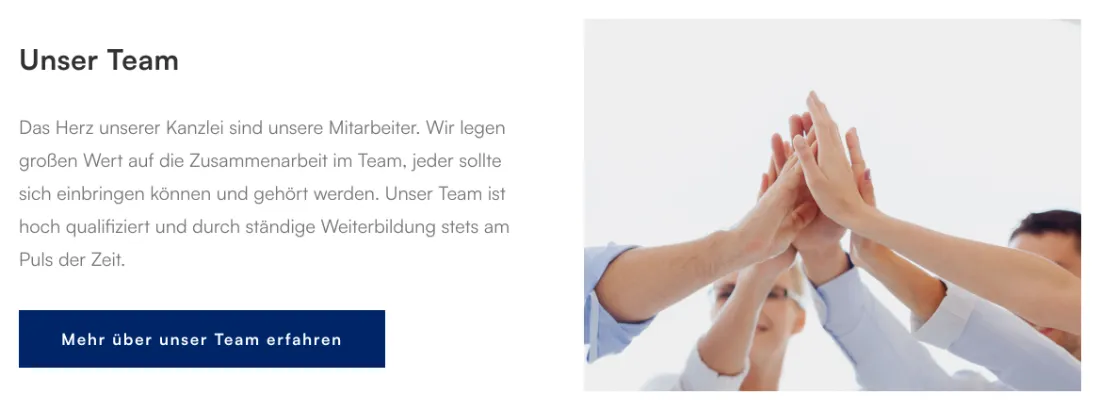 Ausschnitt der Website von Frank Guhl & Kollegen Steuerberater, Hannover: Ein klar beschrifteter Button führt zur Teamseite — wer Menschen sehen will, findet den nächsten Schritt ohne zu suchen.
