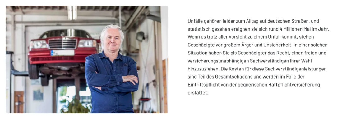 Ausschnitt der Website von Sachverständigen-Station Reemt Janssen, Köln: Die Zahl 4 Mio. Unfälle/Jahr und das Recht auf freien Gutachter samt Erstattung — das ordnet ein und nimmt Kostenangst.