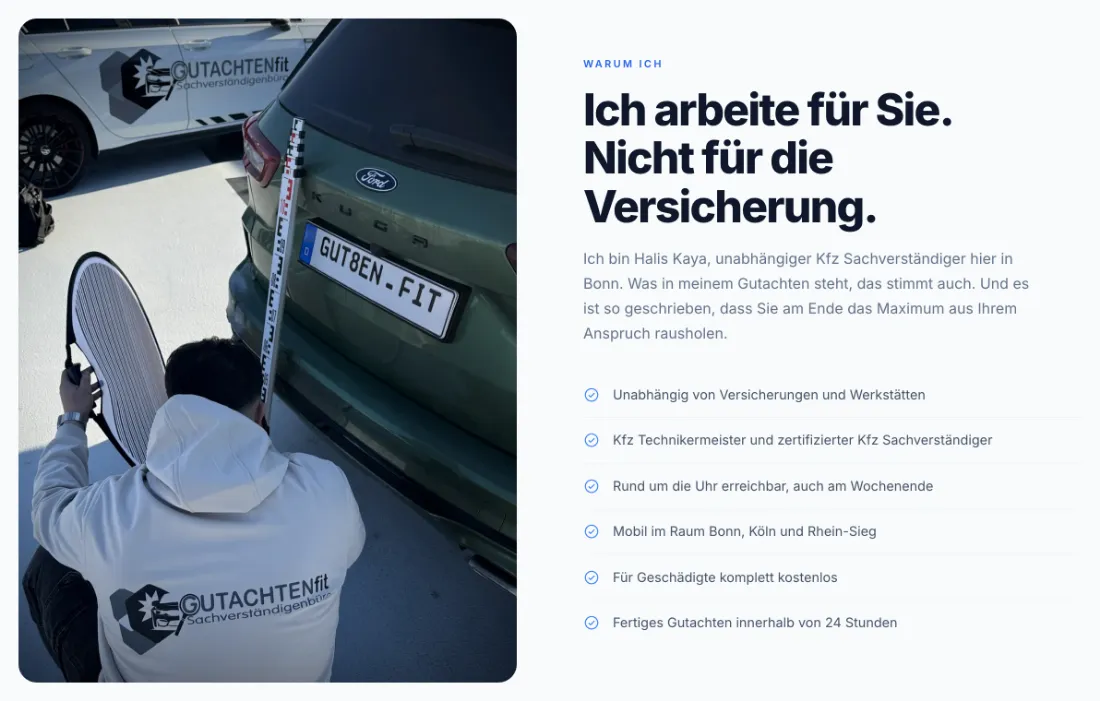 Ausschnitt der Website von GUTACHTENfit Sachverständigenbüro, Bonn: Sechs präzise Punkte inkl. 24‑Stunden‑Frist und Regionen — wer sucht, erkennt sofort, ob Leistung, Tempo und Einsatzgebiet passen.