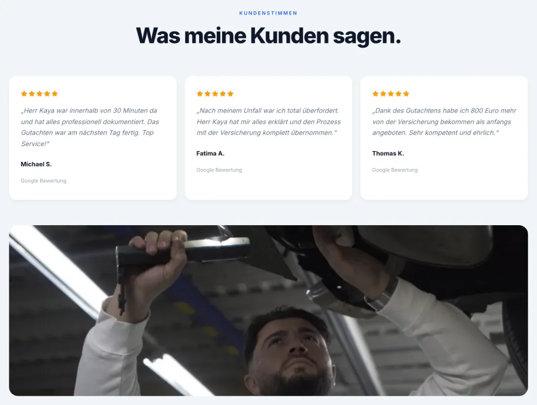 Ausschnitt der Website von GUTACHTENfit Sachverständigenbüro, Bonn: Drei Google‑Zitate mit 5 Sternen und Zahlen wie 30 Min. und 800 € — der Besucher kann Tempo und Wirkung anhand konkreter Erfahrungen einschätzen.