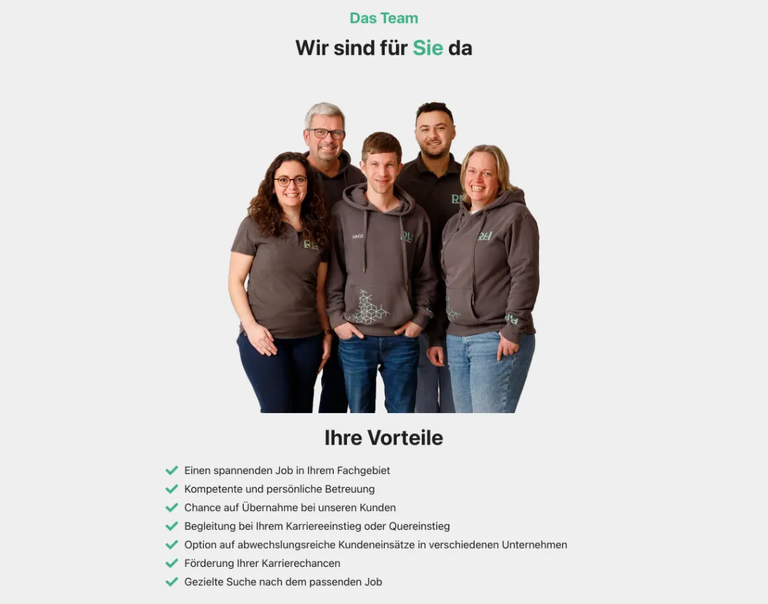 Ausschnitt der Website von Rainer Hahn Personalservice GmbH, Hannover: Sieben konkrete Vorteile direkt unter dem Teamfoto — wer sucht, erkennt Nutzen und Betreuung ohne langes Scrollen.