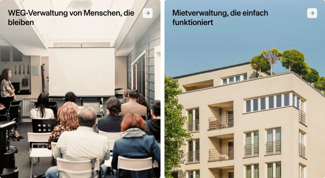 Ausschnitt der Website von hallo theo GmbH, Berlin: Zwei Kacheln trennen WEG und Mietverwaltung — wer sucht, klickt direkt zum passenden Angebot.