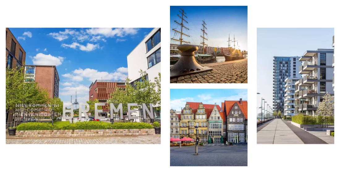 Ausschnitt der Website von HanseNext Immobilien- und Hausverwaltungs GmbH, Bremen: Vier Motive klar aus Bremen — der Besucher erkennt regionale Verankerung und Bandbreite von Altbau bis Neubau.