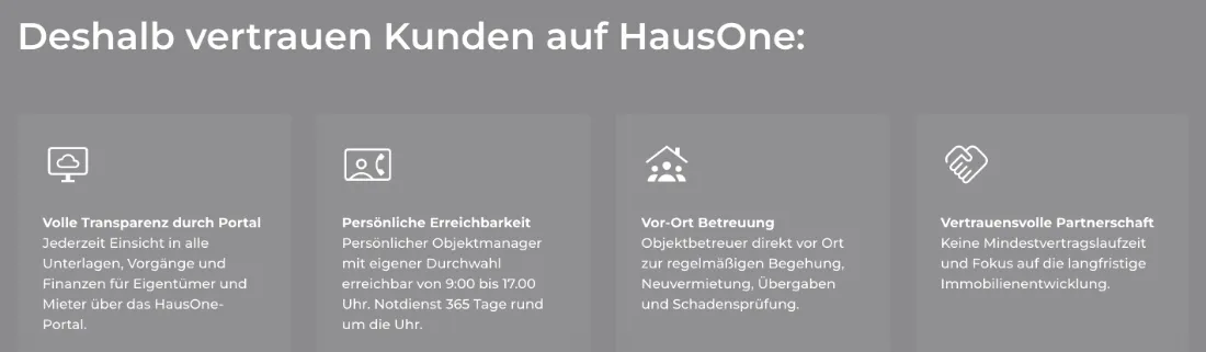 Ausschnitt der Website von HausOne GmbH, Frankfurt am Main: Vier Kacheln nennen konkrete Zusagen wie 9–17 Uhr, 365 Tage und keine Mindestlaufzeit — der Besucher muss nichts erraten.