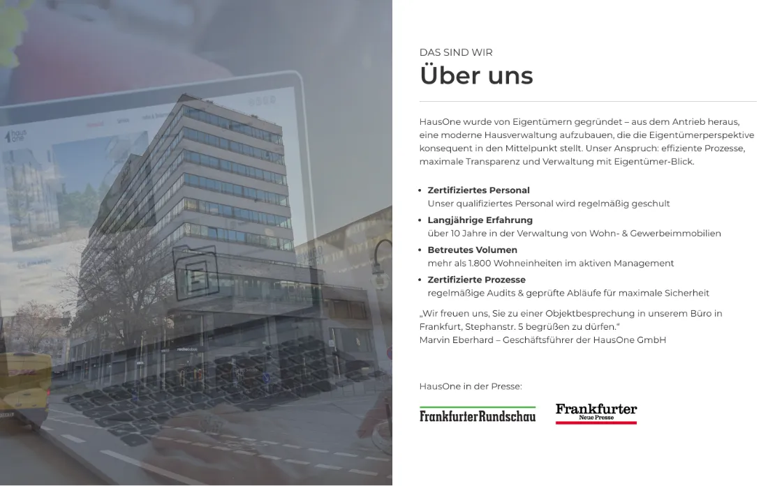 Ausschnitt der Website von HausOne GmbH, Frankfurt am Main: Stichpunkte mit über 10 Jahren Erfahrung, mehr als 1.800 Einheiten und Zertifizierungen — harte Fakten erleichtern die Bewertung.