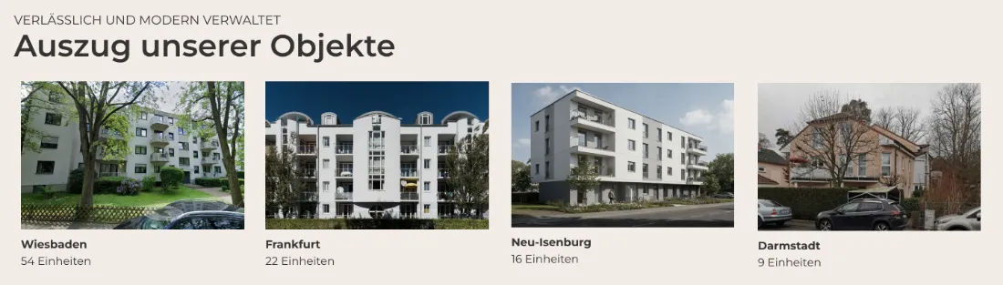 Ausschnitt der Website von HausOne GmbH, Frankfurt am Main: Vier Referenzen mit Ortsnamen und Einheitenzahlen (54, 22, 16, 9) — wer sucht, kann Größe und Bandbreite sofort einschätzen.