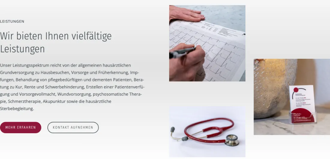 Ausschnitt der Website von Hausärztliche Gemeinschaftspraxis Dr. med. Christina Fritz Dr. med. Britta Smets, Aachen: Konkrete Liste von Hausbesuch bis Akupunktur, dazu zwei Buttons — der Besucher versteht das Angebot und findet rasch den nächsten Schritt.
