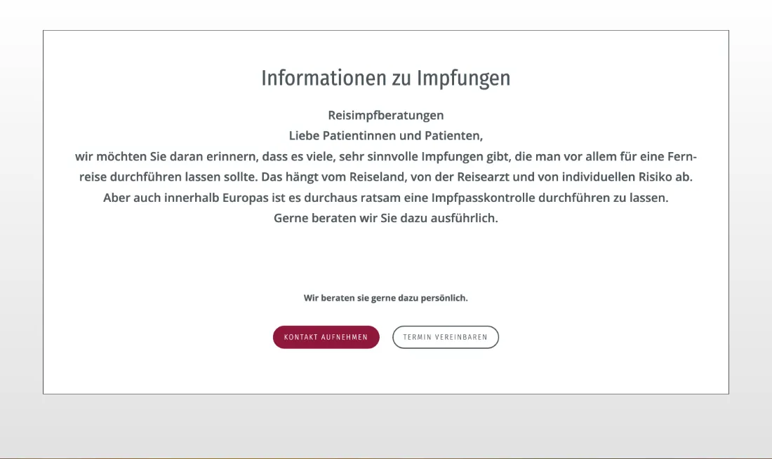 Ausschnitt der Website von Hausärztliche Gemeinschaftspraxis Dr. med. Christina Fritz Dr. med. Britta Smets, Aachen: Klarer Hinweis zu Reiseimpfungen samt Begründung und zwei Optionen — der Besucher weiß, wann Beratung sinnvoll ist und wie sie gestartet wird.