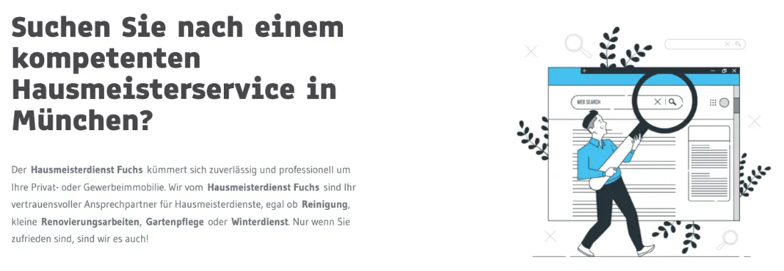 Ausschnitt der Website von Fuchs Hausmeisterdienst GmbH & Co. KG, München: Einstieg mit klarer Frage und Ortsnennung München, dazu vier Leistungen genannt — wer sucht, ordnet Angebot und Region sofort ein.
