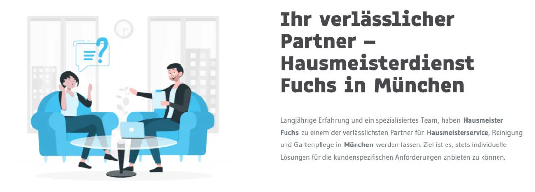Ausschnitt der Website von Fuchs Hausmeisterdienst GmbH & Co. KG, München: Überschrift nennt Firmenname und Ort, Text erklärt den Ansatz — der Besucher weiß rasch, wer liefert und wo der Service gilt.