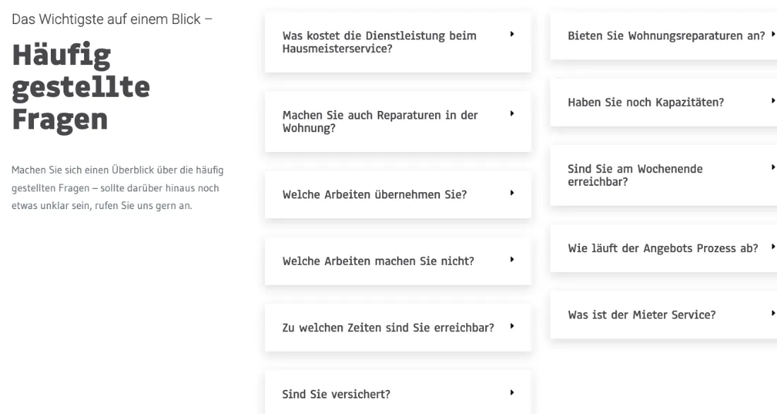 Ausschnitt der Website von Fuchs Hausmeisterdienst GmbH & Co. KG, München: Elf präzise Fragen als Akkordeon — der Besucher klärt Kosten, Leistungen und Erreichbarkeit selbst und spart Rückfragen.