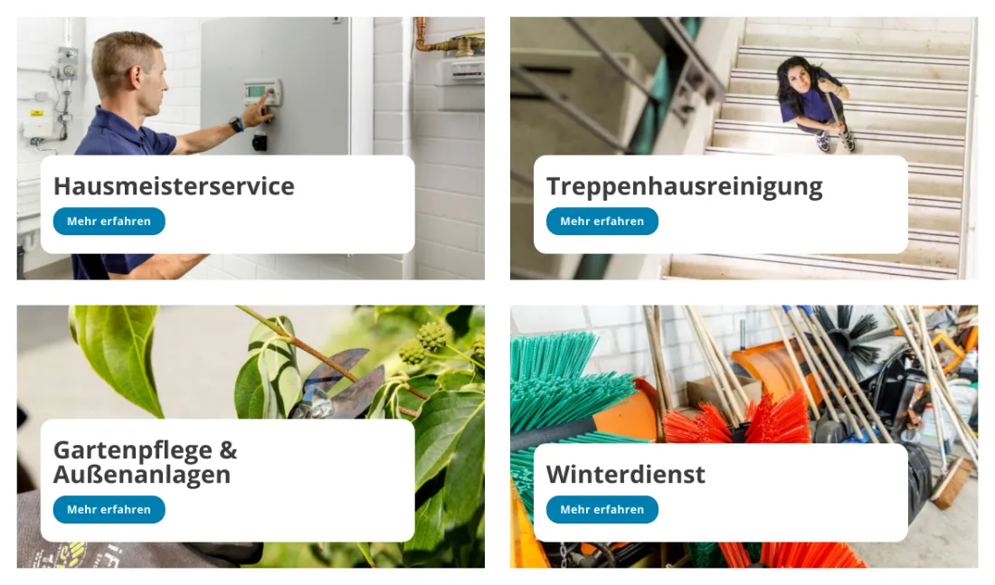 Ausschnitt der Website von Hausmeisterservice Wermke GmbH, Hamburg: Vier klar benannte Leistungen mit identischem „Mehr erfahren“-Button — der Besucher muss nichts erraten und findet den Einstieg schnell.