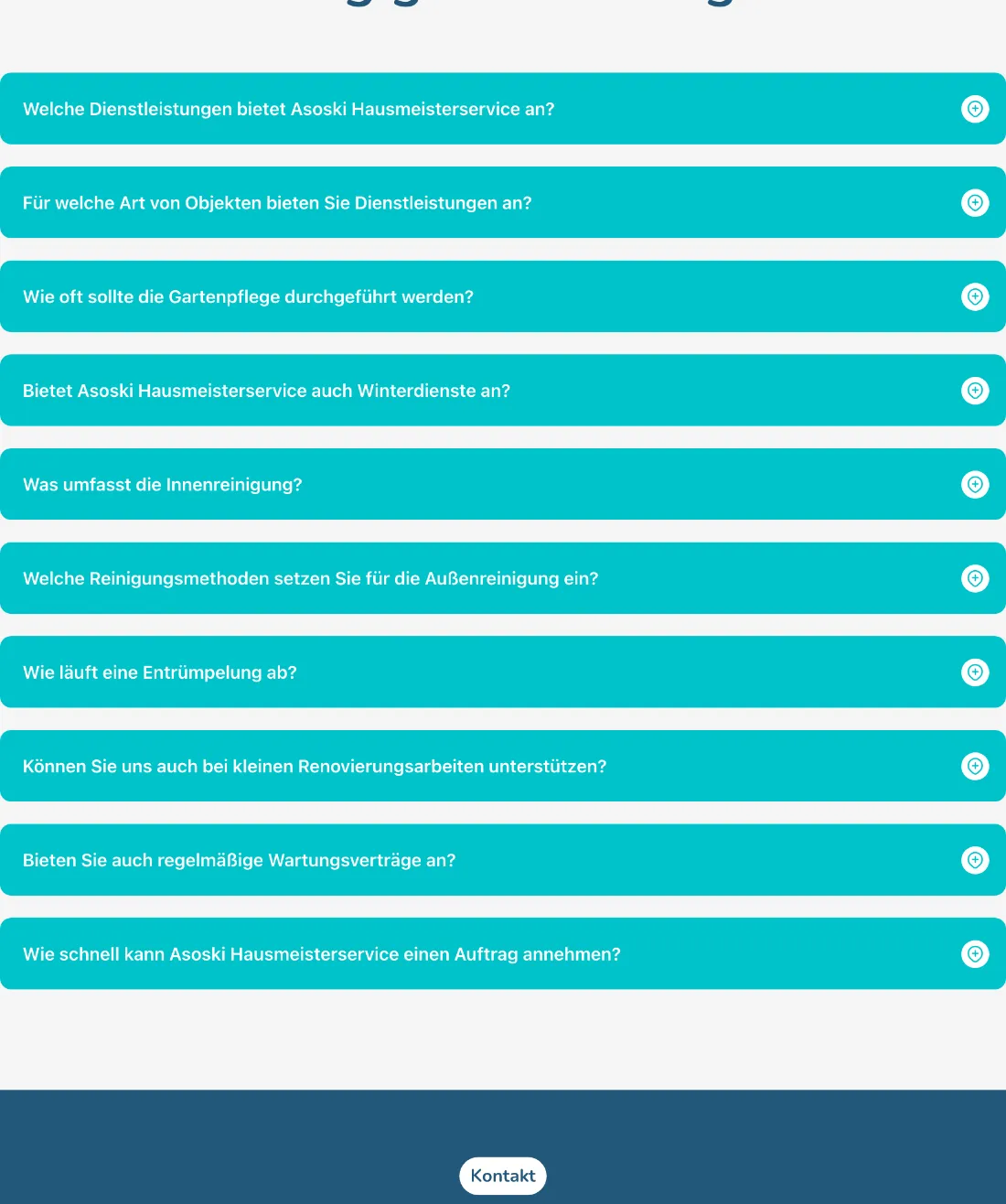 Ausschnitt der Website von Asoski Hausmeisterservice, Aachen: Zehn FAQs im Akkordeon mit klaren Formulierungen — der Besucher findet Antworten schnell und spart Rückfragen per Telefon.