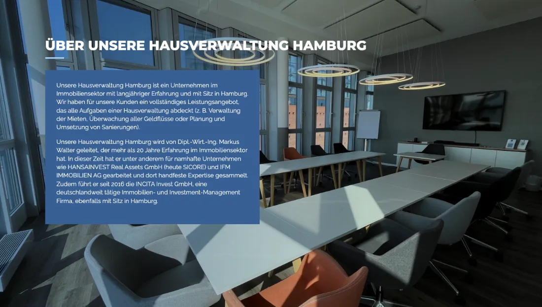 Ausschnitt der Website von NOVITA GmbH, Hamburg: Konkrete Vita mit 20+ Jahren und benannten Arbeitgebern — wer sucht, erkennt belegbare Erfahrung statt Behauptungen.