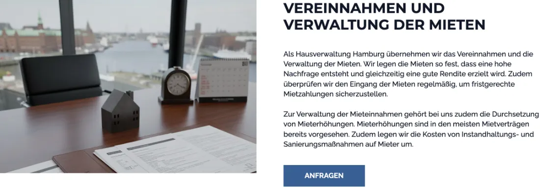 Ausschnitt der Website von NOVITA GmbH, Hamburg: Konkrete Abläufe zu Mieten, Prüfintervallen und Erhöhungen — mit Anfragen-Button daneben spart der Besucher Klicks.