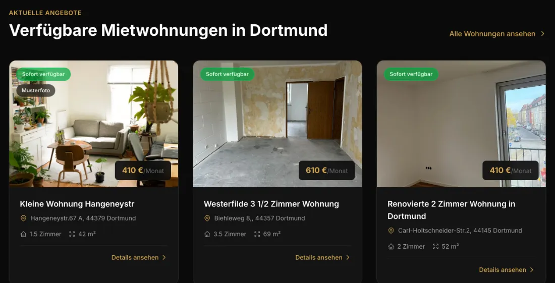 Ausschnitt der Website von Erbengemeinschaft Peter und Catharina Ristow, Dortmund: Preis, Zimmerzahl und m² stehen direkt auf den 3 Karten — wer sucht, vergleicht Angebote ohne Klick ins Detail.