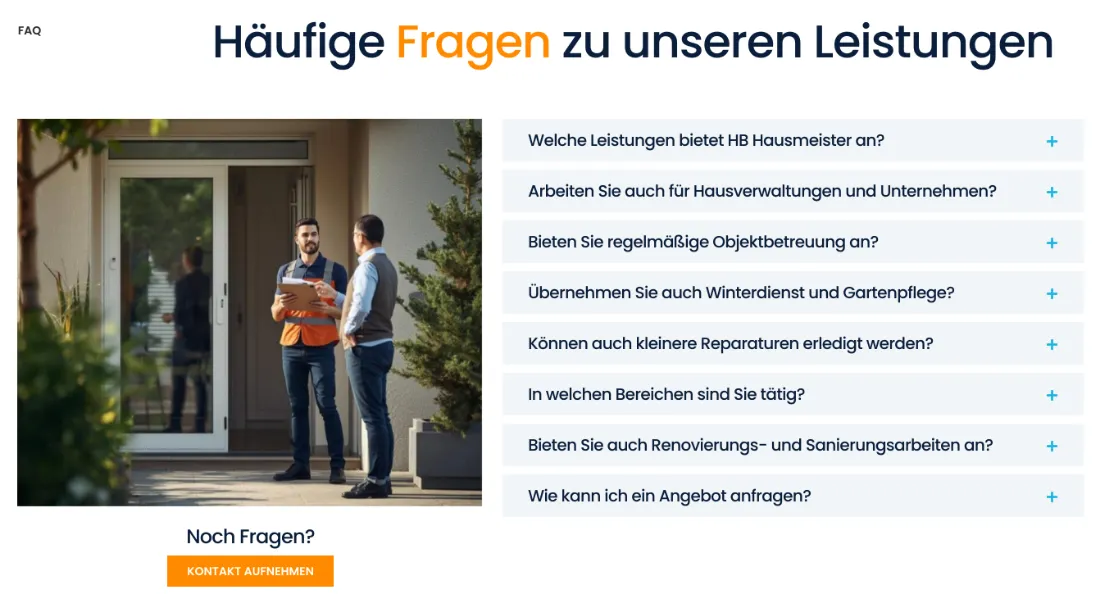 Ausschnitt der Website von HB Hausmeister, Städteregion Aachen: Acht konkrete Fragen mit Aufklappfunktion klären Leistungen und Ablauf — wer sucht, erkennt sofort, ob das Angebot passt.
