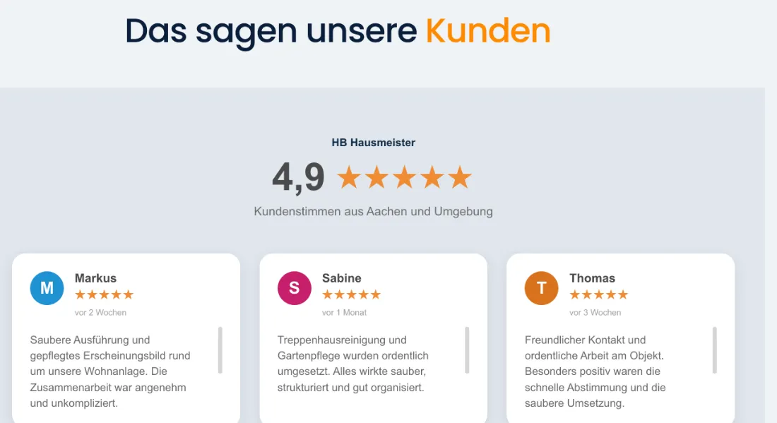Ausschnitt der Website von HB Hausmeister, Städteregion Aachen: Zentrale 4,9‑Bewertung mit drei aktuellen Zitaten — der Besucher muss nicht googeln, um echte Erfahrungen zu sehen.