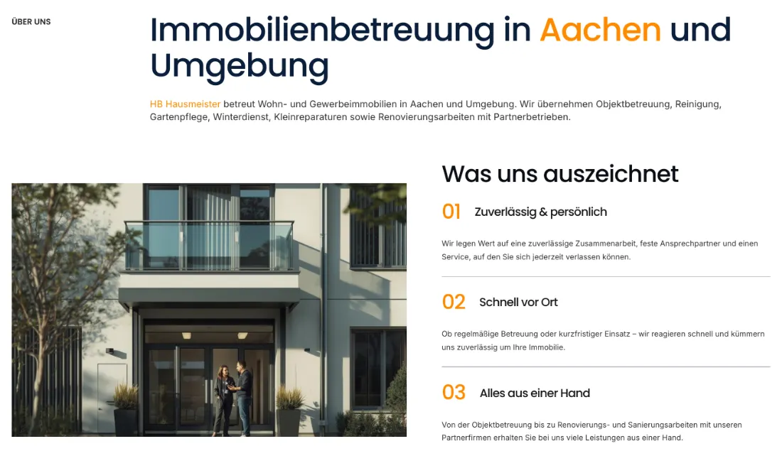 Ausschnitt der Website von HB Hausmeister, Städteregion Aachen: Ort und Radius klar genannt und drei Vorteile nummeriert — wer vergleicht, versteht in Sekunden, wofür der Betrieb steht.