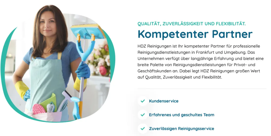 Ausschnitt der Website von HDZ-Glas und Gebäudereinigungen HDZ-Reinigungen Hakan Zürlüer, Frankfurt am Main: Überschrift mit kurzer Einleitung und 3 Stichpunkten — der Besucher erfasst die wichtigsten Gründe schnell, ohne im Fließtext zu suchen.