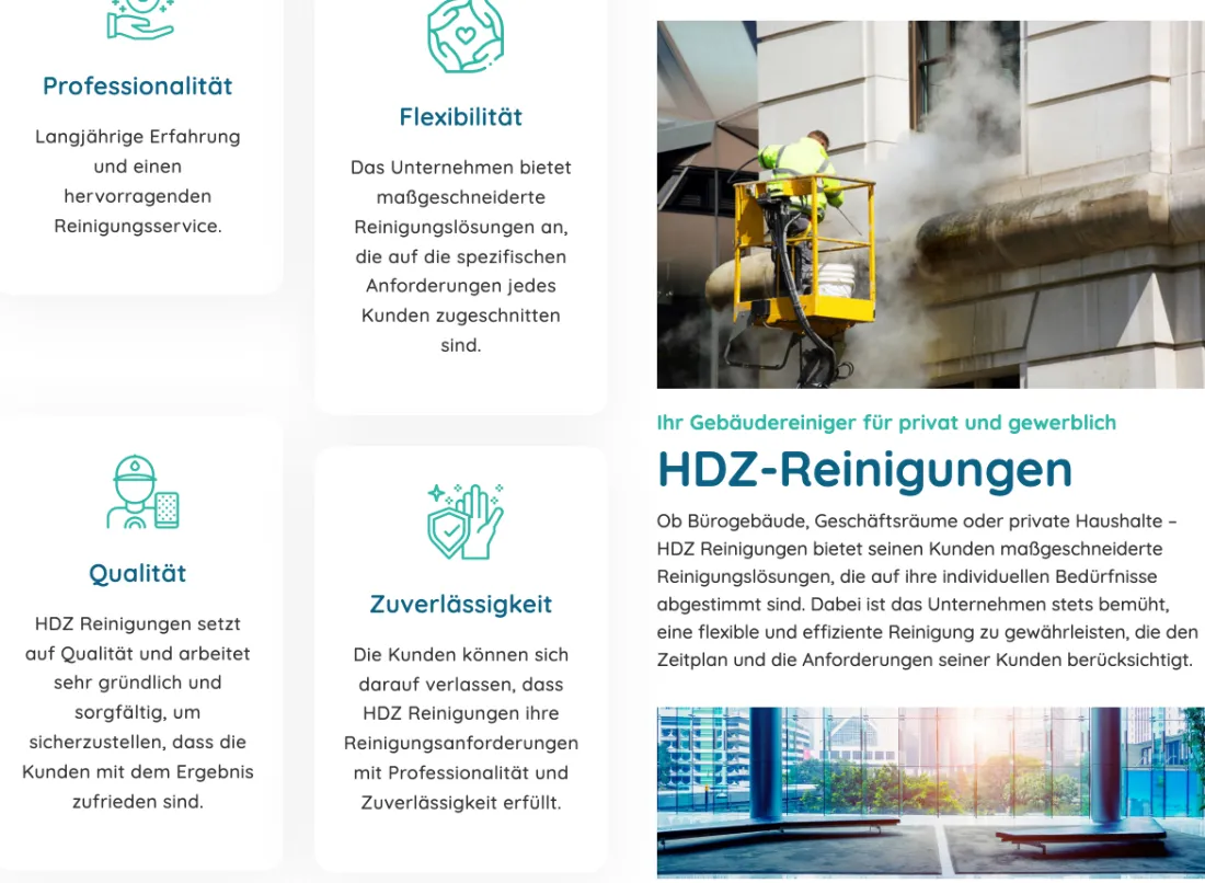 Ausschnitt der Website von HDZ-Glas und Gebäudereinigungen HDZ-Reinigungen Hakan Zürlüer, Frankfurt am Main: Vier Werte-Kacheln mit kurzen Sätzen — der Besucher prüft auf einen Blick, wofür der Betrieb steht, statt lange Absätze zu lesen.