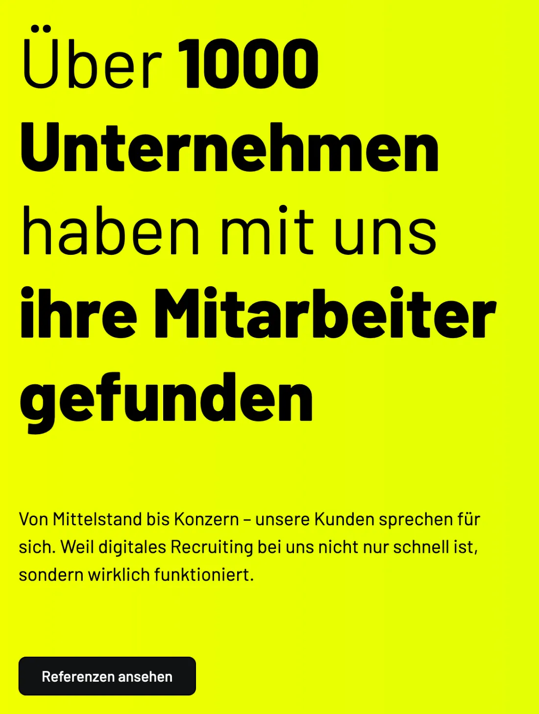 Ausschnitt der Website von HEADFOUND GmbH, Köln: Klare Zahl 'über 1000 Unternehmen' schafft Beleg — der Button zu Referenzen liefert sofort prüfbare Beispiele.