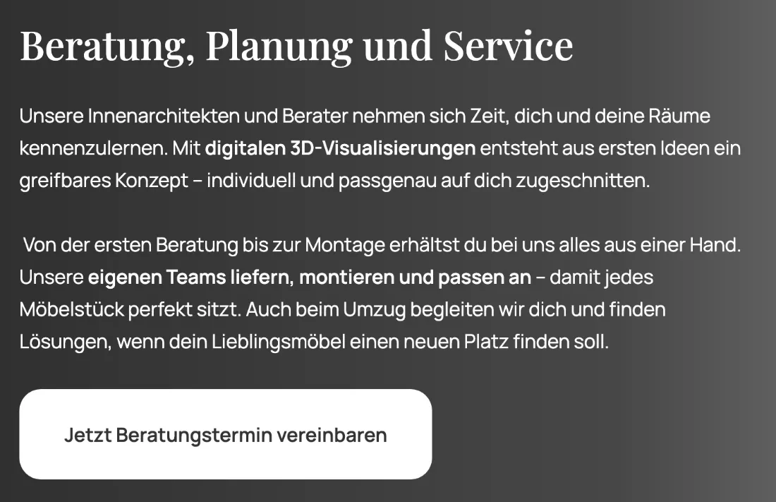 Ausschnitt der Website von Hedegger, Frankfurt am Main: Konkreter Ablauf von 3D-Planung bis Montage – wer vergleicht, versteht den Service auf einen Blick und bucht per Button.