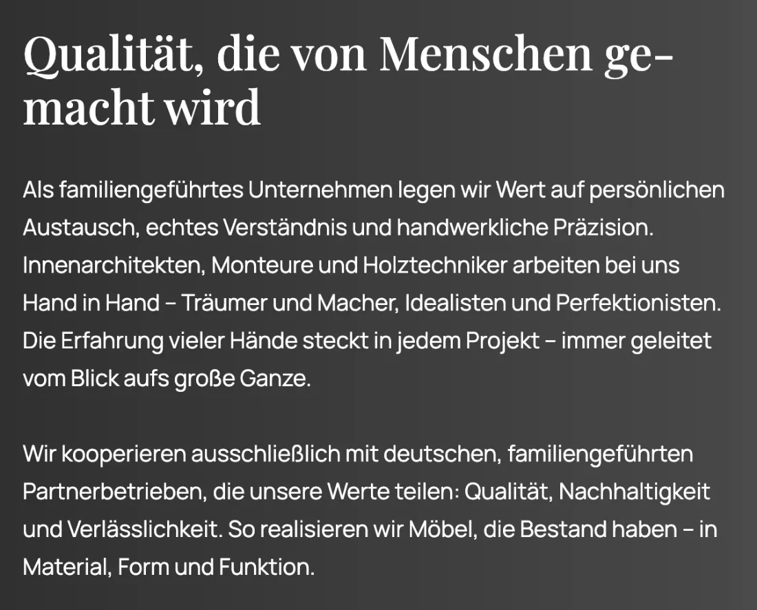 Ausschnitt der Website von Hedegger, Frankfurt am Main: Ausschließlich deutsche Familienbetriebe als Partner – wer Wert auf kurze Wege legt, bekommt Herkunft klar benannt.