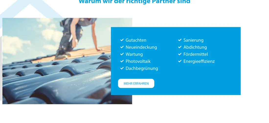 Ausschnitt der Website von HEMPELDACH UG, Mülheim an der Ruhr: Neun Leistungen als Checkliste mit Häkchen — der Besucher vergleicht schneller und findet per „Mehr erfahren“ Details.