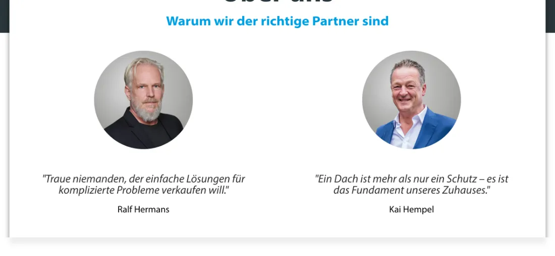 Ausschnitt der Website von HEMPELDACH UG, Mülheim an der Ruhr: Zwei Zitate mit Portraits zeigen Haltung und geben dem Betrieb Gesichter — wer vergleicht, versteht Arbeitsweise und Anspruch.