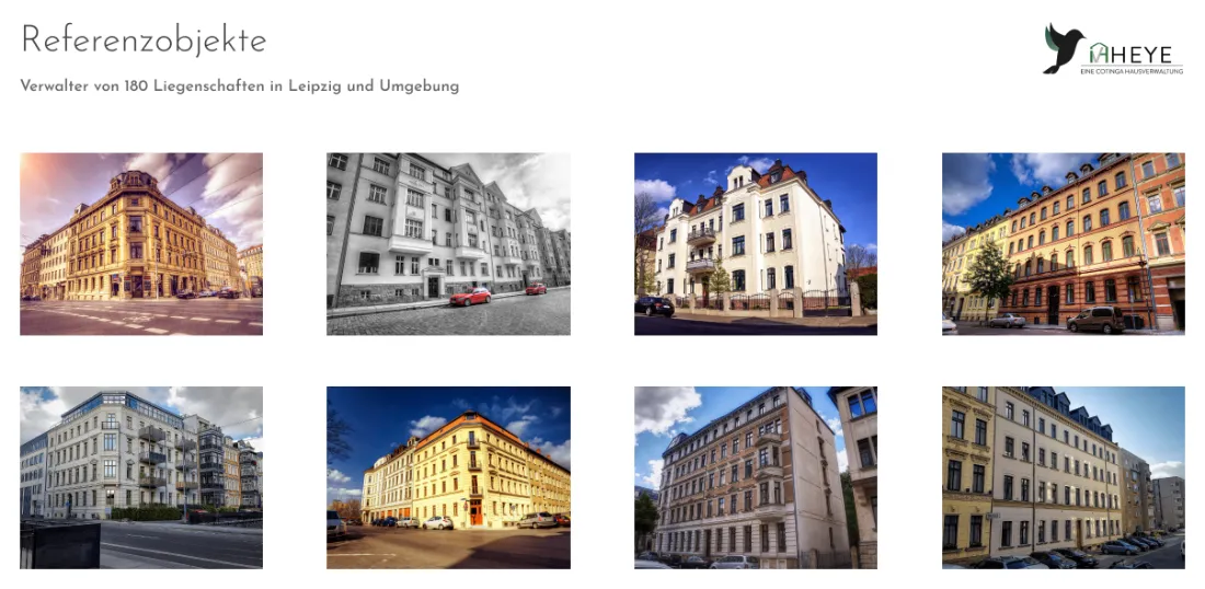 Ausschnitt der Website von Immobilienverwaltung Heye GmbH, Leipzig: Acht Referenzfotos plus die Zahl 180 Liegenschaften — wer sucht, erkennt Umfang und regionale Verankerung auf einen Blick.