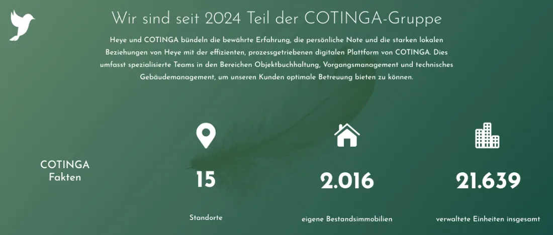 Ausschnitt der Website von Immobilienverwaltung Heye GmbH, Leipzig: Der Hinweis auf den Beitritt 2024 plus 15 Standorte, 2.016 Objekte und 21.639 Einheiten — zeigt Reichweite und aktuelle Struktur.