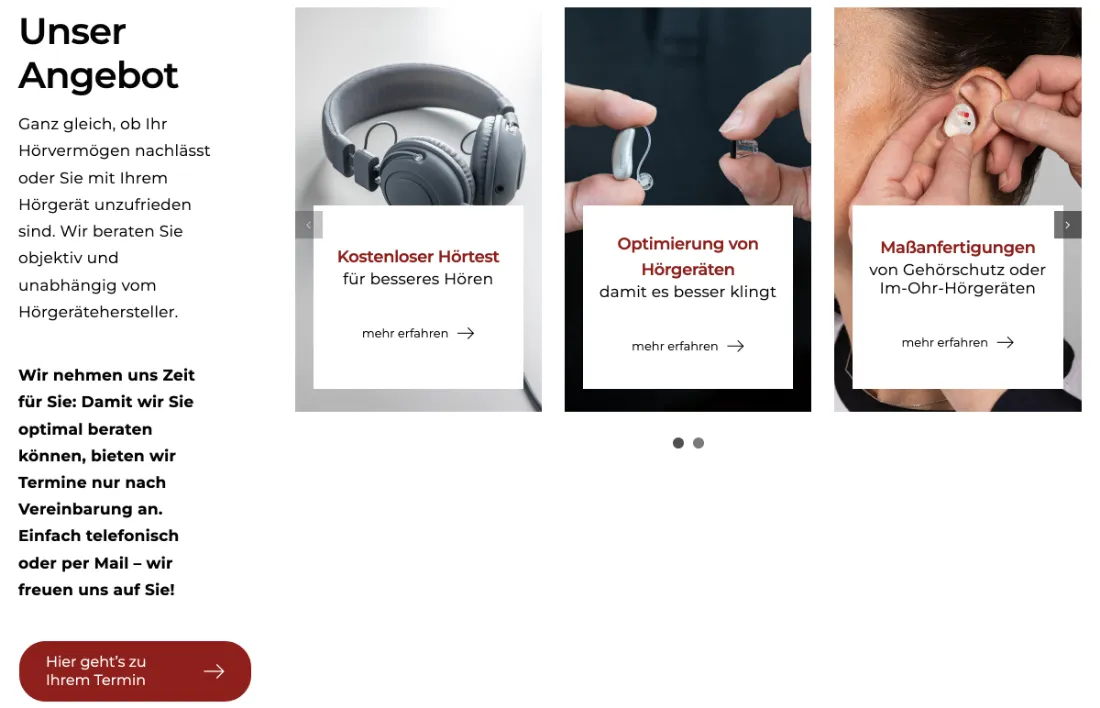 Ausschnitt der Website von Hörgerätezentrum Lindau, Landkreis Lindau (Bodensee): Drei Kacheln mit Kernleistungen und 'mehr erfahren' — wer sucht, erkennt Angebote auf einen Blick und klickt direkt weiter.