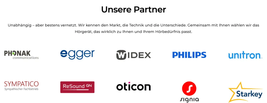 Ausschnitt der Website von Hörgerätezentrum Lindau, Landkreis Lindau (Bodensee): Zehn Markenlogos zeigen die Bandbreite — wer vergleicht, erkennt Unabhängigkeit und kann Lieblingsmarken wiederfinden.