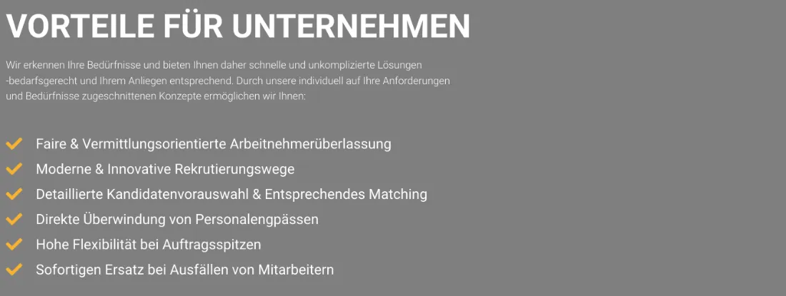 Ausschnitt der Website von H.i. Personalservice GmbH, Gelsenkirchen: Sechs Stichpunkte nennen konkrete Vorteile — der Besucher erfasst Nutzen und Leistungsumfang ohne langes Lesen.