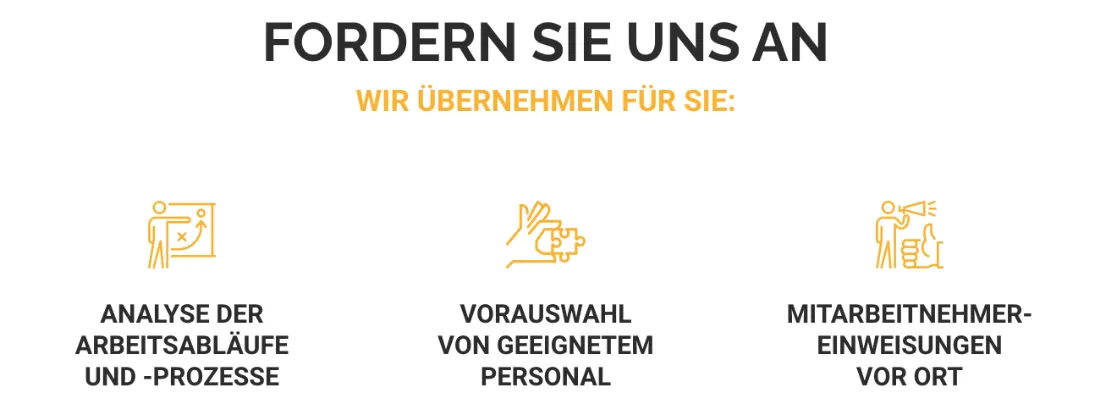 Ausschnitt der Website von H.i. Personalservice GmbH, Gelsenkirchen: Drei klar betitelte Leistungen gliedern das Angebot — wer vergleicht, versteht Ablauf, Vorauswahl und Einweisung sofort.