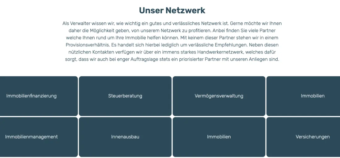 Ausschnitt der Website von Hölter GmbH, Düsseldorf: Acht Kacheln ordnen das Netzwerk, dazu der Hinweis auf Provisionsfreiheit — der Besucher weiß, was abgedeckt ist und wie unabhängig.
