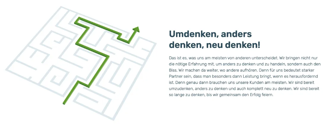Ausschnitt der Website von Hölter GmbH, Düsseldorf: Labyrinth mit grünem Ausweg neben der Aussage — das visualisiert Problemlösung, wer sucht, versteht die Rolle als Wegfinder sofort.