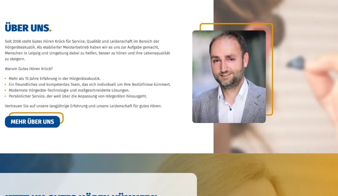 Ausschnitt der Website von Hör Gut, Leipzig: Konkrete Daten schaffen Vertrauen: „Seit 2006“ und „15 Jahre“ plus 4 Stichpunkte — der Besucher erfasst Profil und Leistungen in Sekunden.