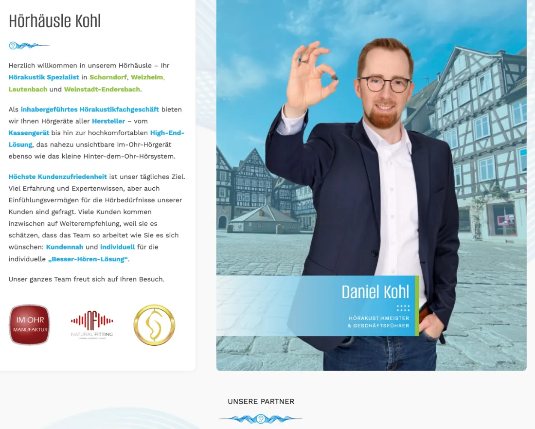 Ausschnitt der Website von Hörhäusle Kohl, Stuttgart: Vier Ortsnamen sind fett markiert — wer in der Nähe sucht, erkennt sofort Reichweite und weiß, ob der Weg sich lohnt.