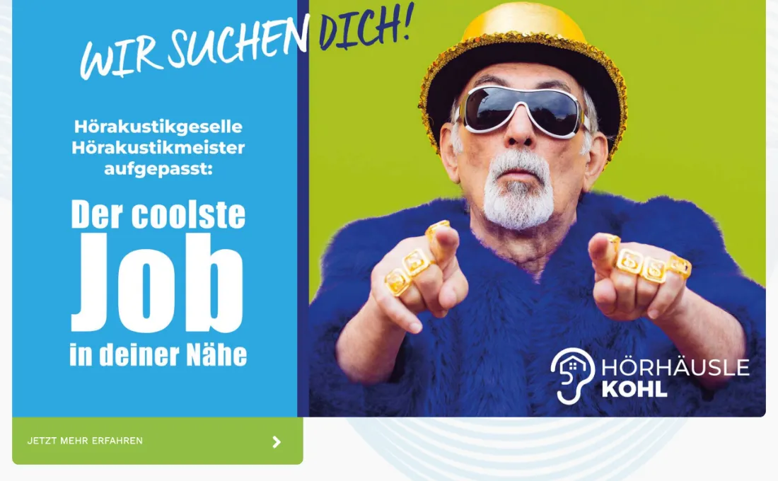 Ausschnitt der Website von Hörhäusle Kohl, Stuttgart: Berufsbezeichnungen stehen groß im Bild — wer als Geselle oder Meister sucht, erkennt sofort Relevanz und folgt dem Button.