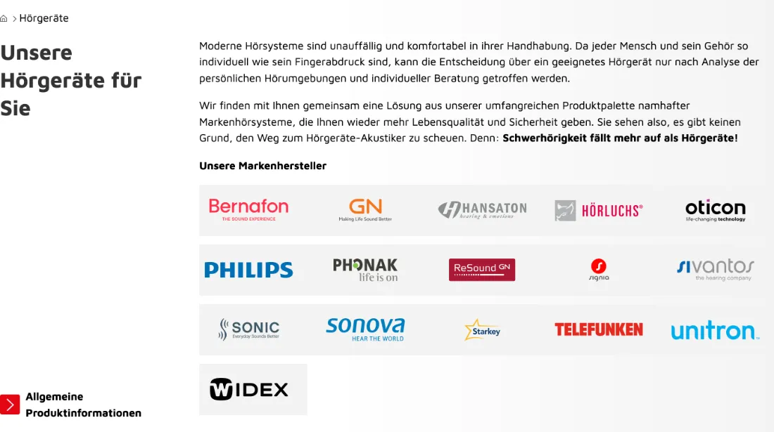 Ausschnitt der Website von Hörakustik Sell, Weimar: 16 Markenlogos auf einen Blick — wer vergleicht, sieht die Bandbreite und kann bevorzugte Hersteller direkt wiederfinden.