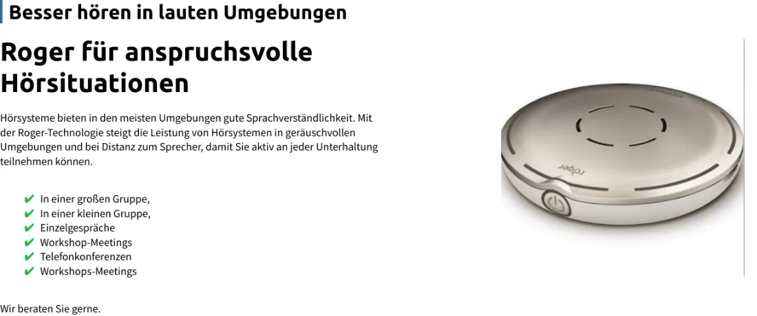 Ausschnitt der Website von Hörgeräte CIM, Hannover: Konkrete Einsatzszenarien in 6 Punkten — wer ähnliche Probleme hat, erkennt sofort, ob die Roger‑Lösung passt.